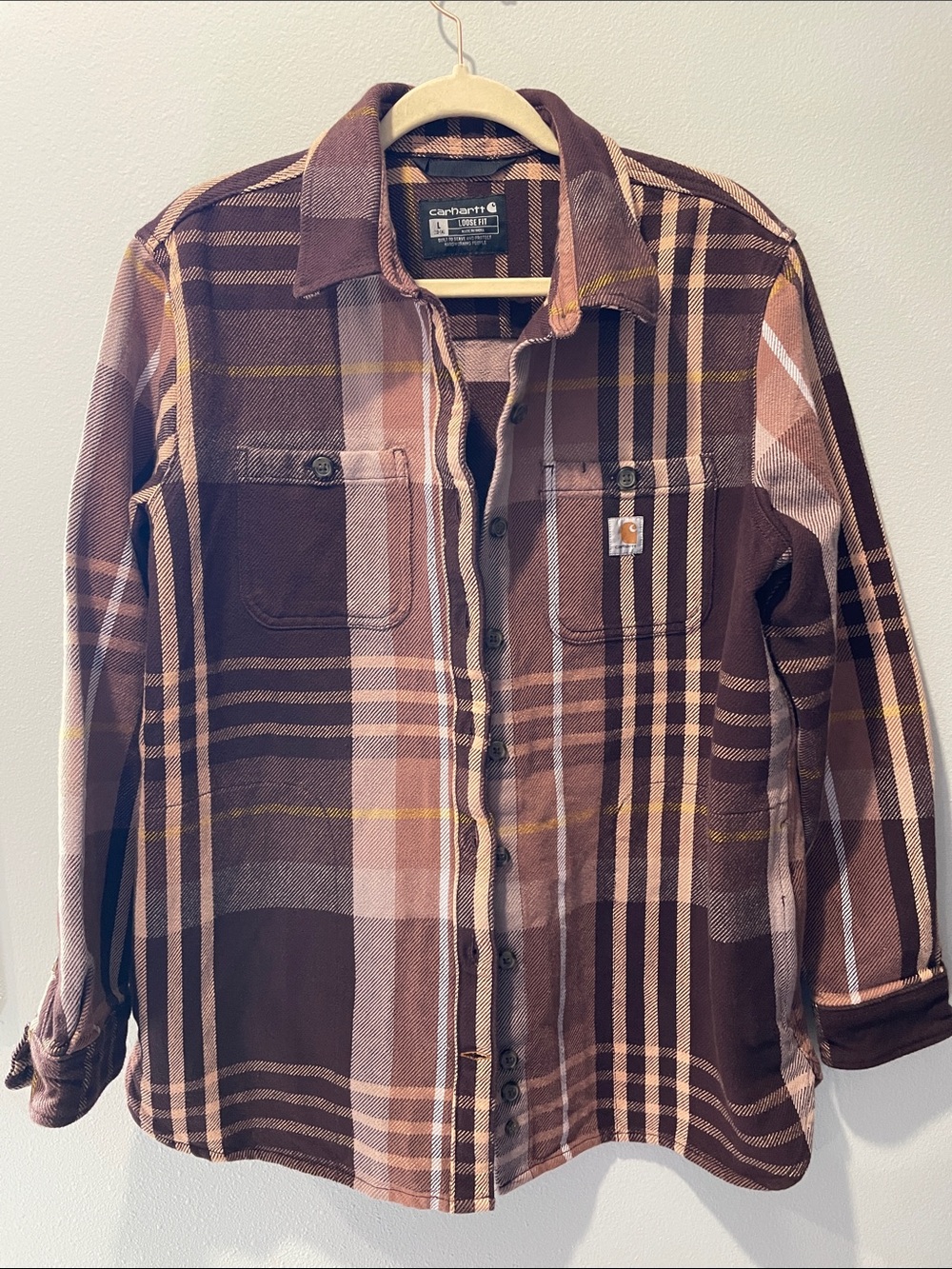 Carhartt Blackberry Plaid Flannel Button Down Shirt Women’s Large 100% Cotton